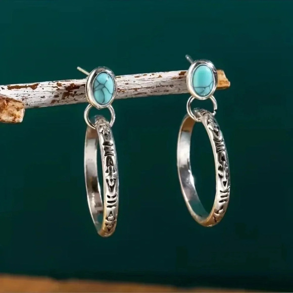 2 LEFT! Bohemian Turquoise Silver Hoop Earrings - Picture 4 of 5